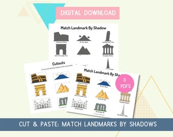 Landmarks – Match Items and Shadows Digital Download Matching Activity Matching Game Preschool Kindergarten Worksheet Busy Book Binder