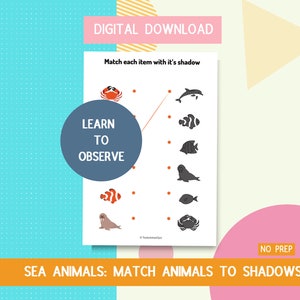 Match Items and Shadows Sea Animal NoPrep Digital Download Matching Activity Matching Game Preschool Kindergarten Worksheet Busy Book Binder