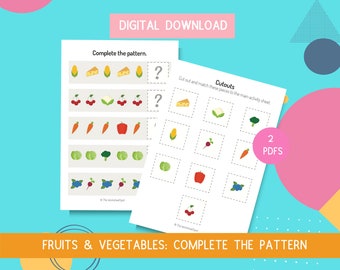 Groenten en fruit Voltooi het patroon Digitale download Patroonvolgorde Patroonherkenning Kleuterschool Werkblad Drukke boekbinder