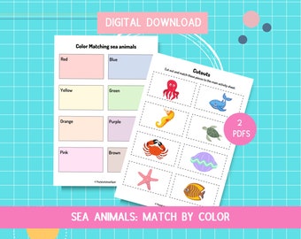 Match by Color-Sea Animals-Digital Download Matching Activity Matching Game Color Matching Preschool Kindergarten Worksheet Busy Book Binder