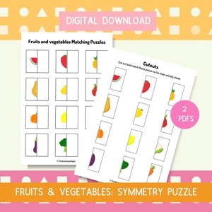 Symmetry Puzzle-Fruits & Vegetables-Digital Download Cut Paste Pattern Recognition  Preschool Kindergarten Worksheet Busy Book Binder