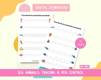 Tracing-Sea Animals-Digital Download Matching Activity Matching Game Pen Control Preschool Kindergarten Worksheet Busy Book Binder