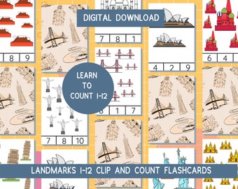 Count to 12 Numbers Flashcard -Landmarks- Digital Download Counting Flashcards Learn To Count Clip  Preschool Kindergarten Worksheet