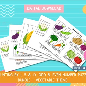 May include: A set of six printable worksheets for children to practise counting by 1, 5, and 10. The worksheets feature a vegetable theme and include puzzles for odd and even numbers. The text "Number Puzzles" and "6 PDFs" is visible on the worksheets.