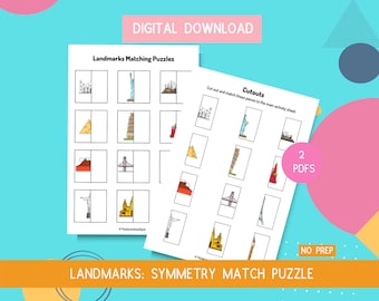 Symmetry Puzzle-Landmarks-Digital Download Cut Paste Pattern Recognition  Preschool Kindergarten Worksheet Busy Book Binder