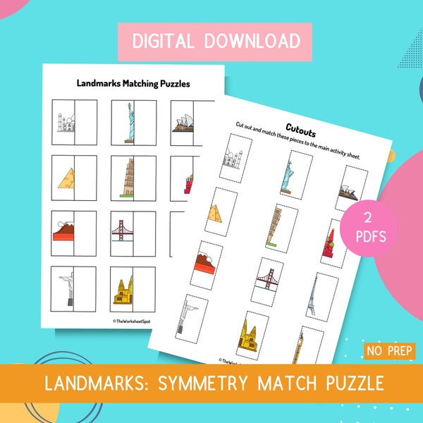 Symmetry Puzzle-Landmarks-Digital Download Cut Paste Pattern Recognition  Preschool Kindergarten Worksheet Busy Book Binder