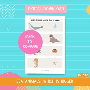 Animali marini – Che è più grande Foglio di lavoro comparativo per i download digitali Foglio di lavoro per la scuola materna Foglio di lavoro per la scuola materna Foglio di lavoro per la scuola a casa Rilegatore di libri occupato