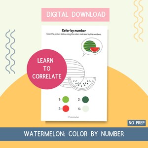 Color by Number-Watermelon- Digital Download Counting Worksheet Matching Worksheet Coloring for Kids Preschool Kindergarten Coloring Page