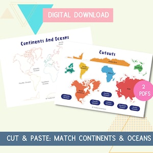 May include: A printable educational activity for kids featuring a world map with continents and oceans. The activity includes a cut and paste activity where children can match the continents and oceans to their corresponding locations on the map. The printable is available as a digital download and includes two pages.