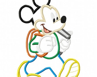 Mickey School Applique Embroidery Design - Instant Download