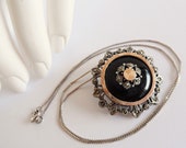 THE EVE STAR . Rose Gold Silver Necklace Silver 835 Pendant Dress Pin Brooch Sterling Silver 925 Chain Obsidian