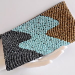 THE ZIGZAG BAG . Beaded All Over Art Deco Style Geometric Evening Hand Bag 80s Blue Gunmetal Golden Glass Beads