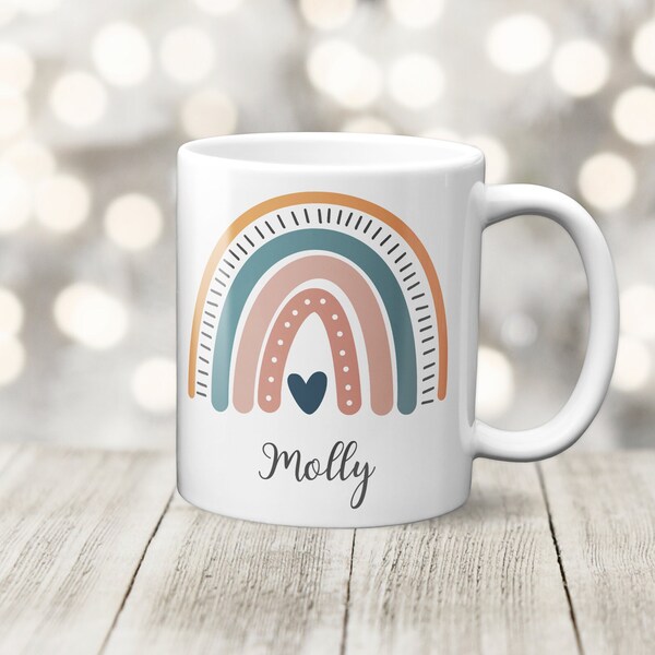 Personalised Blue Rainbow Mug With Name, Hearts and Rainbow Mug, Gift For Sister, Teacher, Mug, Rainbow Gift Mug, Personalised Rainbow Gift