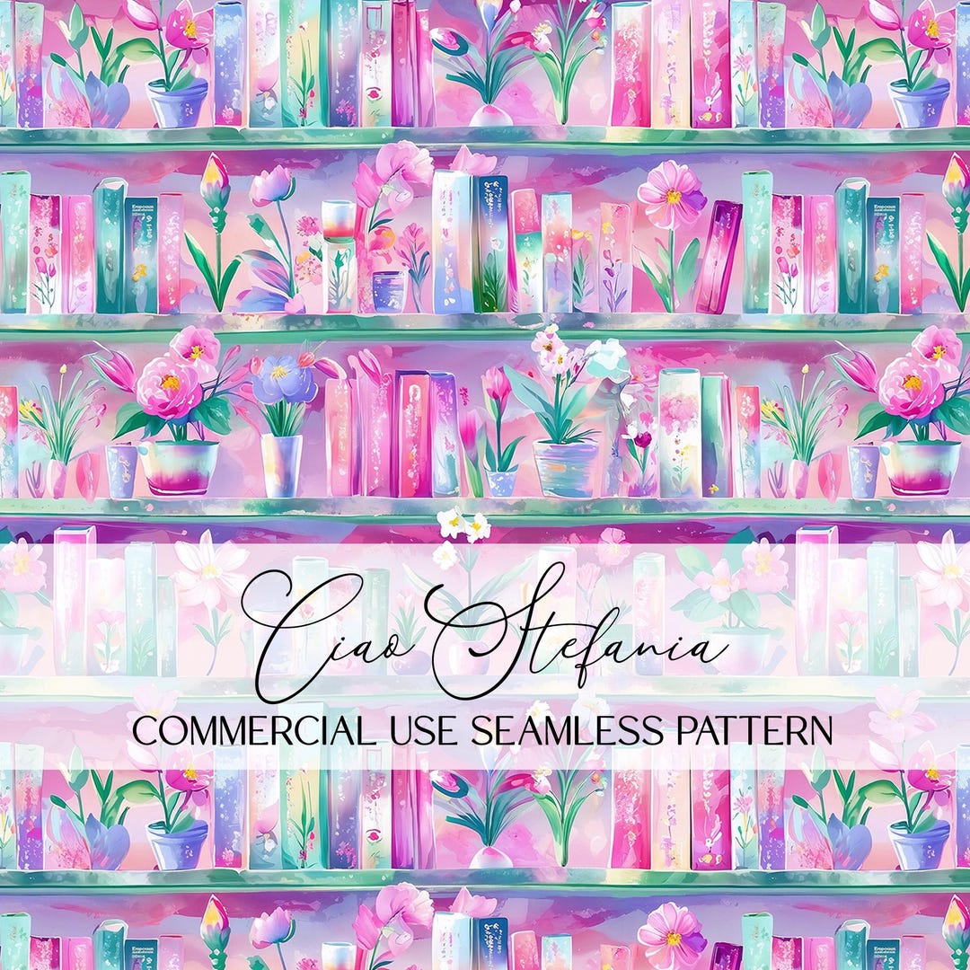 Pink Floral Bookcase Seamless Bookshelf Pattern Seamless Spring Reading ...