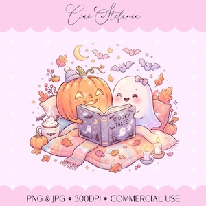 May include: A digital illustration featuring a smiling jack-o'-lantern wearing a blue beanie and a white ghost with a small bow reading a book titled Spooky Tales. The scene includes a mug of cocoa, candles, autumn leaves, and bats.