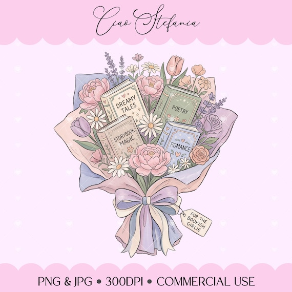 Pastel Book Bouquet PNG Bookish Clip Art For Stickers, Bookmarks, Shirts, Cups, Keychains, Tote Bags, Floral Tulip Clipart for Sublimation