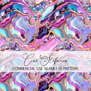 May include: Abstract seamless pattern in shades of purple, blue, and pink, with gold glitter and vein-like accents. The design includes the text "Ciao Stefania" and "COMMERCIAL USE SEAMLESS PATTERN". The pattern is suitable for commercial use.