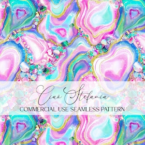 May include: A seamless pattern with a colorful agate design. The pattern features swirls of pink, blue, and teal with gold glitter accents. The text "Ciao Stefania" and "COMMERCIAL USE SEAMLESS PATTERN" are displayed.