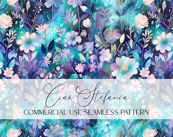 May include: A seamless floral pattern in shades of blue, purple, and pink. The design features various flowers and foliage against a teal and turquoise background. The text "Ciao Stefania" and "COMMERCIAL USE SEAMLESS PATTERN" are displayed.