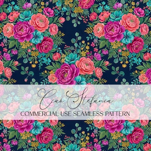Puede incluir: Patrón floral sin costuras con vibrantes flores rosas, coral y turquesas con follaje verde sobre un fondo azul marino. El texto "Ciao Stefania" y "COMMERCIAL USE SEAMLESS PATTERN" están en blanco.