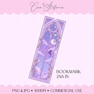 May include: A rectangular bookmark measuring 2x6 inches featuring a purple gothic arched window frame. The illustration depicts a night sky with a crescent moon, clouds, stars, and a small dragon silhouette, framed by climbing floral vines.