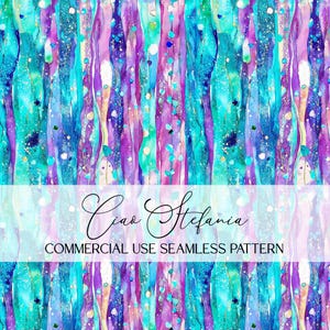May include: A vibrant, seamless pattern featuring vertical watercolor stripes in shades of teal, purple, and blue with gold accents. The text "Ciao Stefania" and "COMMERCIAL USE SEAMLESS PATTERN" are displayed on a white banner.