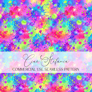 Könnte beinhalten: Ein lebendiges, nahtloses Muster mit bunten Farbspritzern in Pink, Blau, Grün und Gelb. Das Design enthält den Text "Ciao Stefania" und "COMMERCIAL USE SEAMLESS PATTERN" in einem weißen Banner.