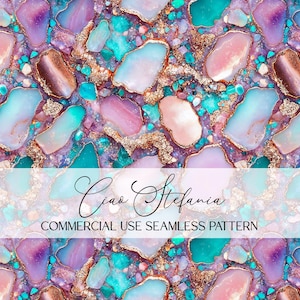 Könnte beinhalten: Nahtloses Muster mit abstrakten Formen in Türkis, Rosa, Lila und Braun, mit goldenen Akzenten. Das Muster enthält den Text "Ciao Stefania" und "COMMERCIAL USE SEAMLESS PATTERN".