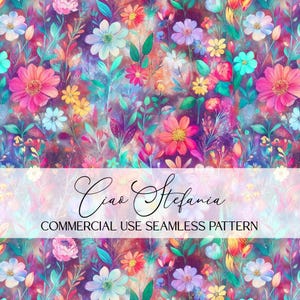 Könnte beinhalten: Ein lebendiges Blumenmuster mit einer Vielzahl farbenfroher Blumen in Rosa-, Lila-, Gelb- und Blautönen. Das Design enthält den Text "Ciao Stefania" und "COMMERCIAL USE SEAMLESS PATTERN".