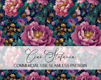 Vintage Peony Floral Pattern Pink and Gold Botanical Design Digital Paper Repeating File for Sublimation Commercial Use Floral Pattern