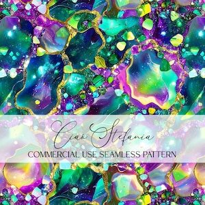 May include: A seamless pattern featuring a vibrant mix of colors including teal, purple, green, and gold. The design resembles a collection of gemstones with gold veins. The text "Ciao Stefania" and "COMMERCIAL USE SEAMLESS PATTERN" are displayed.