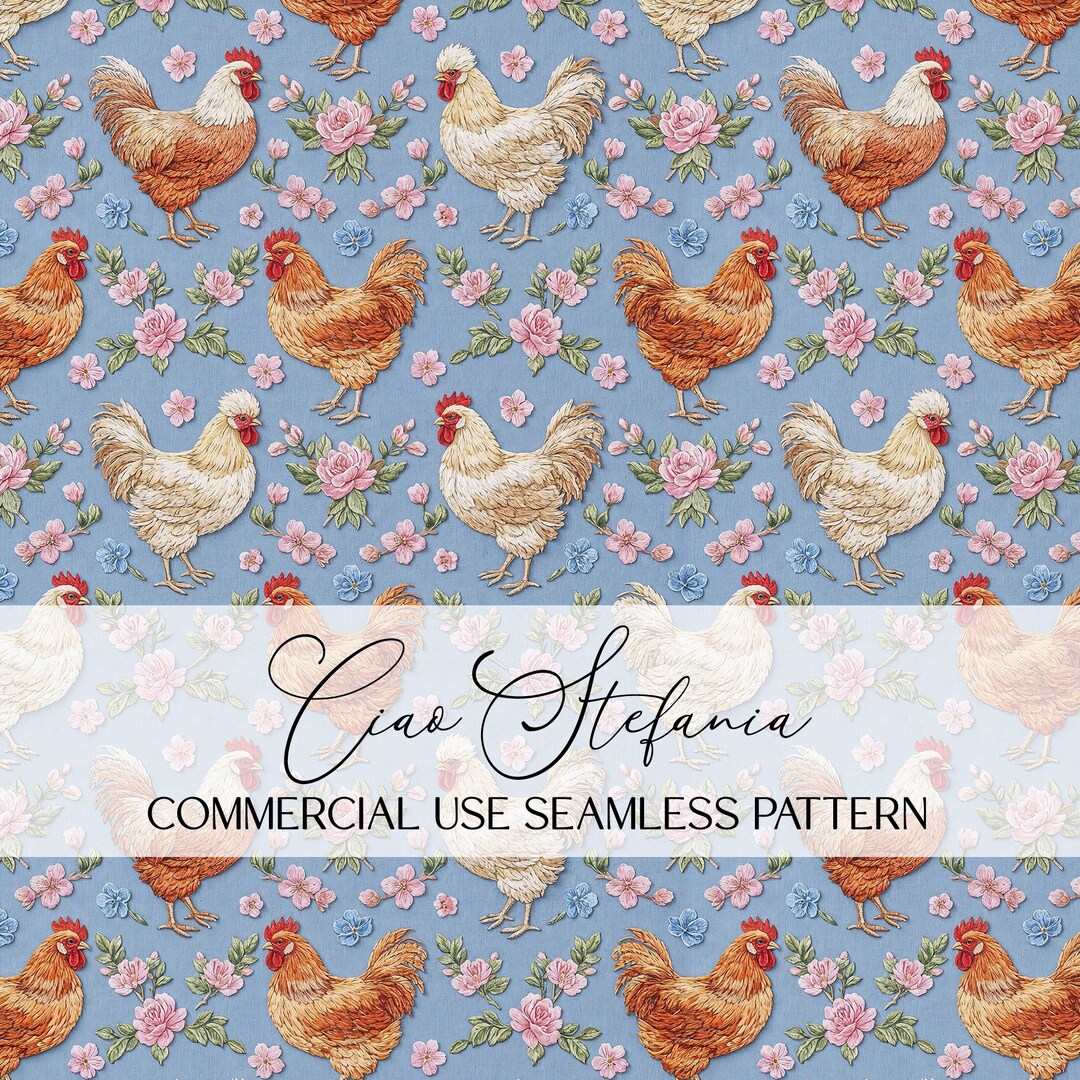 Vintage Chicken Floral Seamless Pattern, Farmhouse Rooster Cottagecore ...