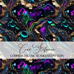 May include: Seamless pattern with a dark background, featuring gold, teal, purple, and green accents. The design includes flowing lines and abstract shapes, with the text "Ciao Stefania" and "COMMERCIAL USE SEAMLESS PATTERN".
