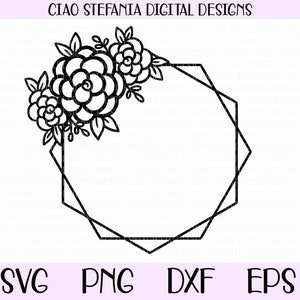 Geometric Diamond Frame, Rose Monogram Frame SVG, Floral Wreath SVG, Cut Files For Cricut, Silhouette, Flower Frame, Monogram Wreath Clipart