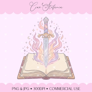 Puede incluir: Una ilustración digital que muestra un libro abierto con una espada saliendo del centro, rodeada de llamas pastel rosas y moradas, estrellas y corazones. El texto Ciao Stefania aparece arriba, con PNG & JPG 300DPI COMMERCIAL USE abajo.