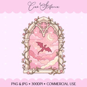 Könnte beinhalten: Eine digitale Illustration eines gotischen Bogenfensterrahmens, der mit blühenden Ranken umwunden ist und einen rosa Himmel mit einer Mondsichel sowie der Silhouette eines fliegenden Drachen einrahmt. Oben steht Ciao Stefania, unten PNG & JPG 300DPI COMMERCIAL USE.