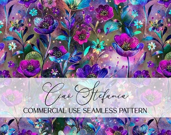 Purple Glitter Wildflower Pattern Floral Digital Paper Repeating File for Sublimation Commercial Use Dark Flower Seamless Pattern