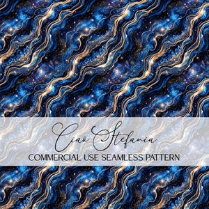 Könnte beinhalten: Nahtloses Muster mit einem himmlischen Design. Das Muster zeigt fließende, wellenförmige Linien in Blau-, Gold- und Schwarztönen mit Sterneneffekt. Der Text "Ciao Stefania" und "COMMERCIAL USE SEAMLESS PATTERN" ist zu sehen.