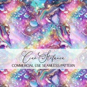 May include: A colourful, seamless pattern with a watercolour effect. The design features swirling shades of pink, purple, blue, and gold, with a sparkling, ethereal quality. The text "Ciao Stefania" and "COMMERCIAL USE SEAMLESS PATTERN" are displayed.