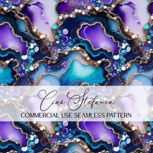 May include: A seamless pattern with a marbled design in purple, teal, and gold. The design features flowing, organic shapes with glitter and gem-like accents. The text "Ciao Stefania" and "COMMERCIAL USE SEAMLESS PATTERN" are displayed.