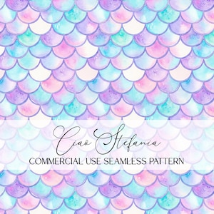 May include: A seamless pattern featuring a mermaid scale design in shades of purple, pink, and teal. The pattern includes the text "Ciao Stefania" and "COMMERCIAL USE SEAMLESS PATTERN".