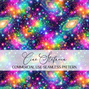 Carta digitale con motivo senza soluzione di continuità Neon Rainbow Glitter Nebulosa Spazio Galassia Celeste, file ripetibile per sublimazione, uso commerciale