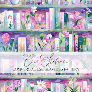 May include: Watercolor illustration of a bookshelf filled with books and flowers in shades of pink, purple, and green. The text "Ciao Stefania" and "COMMERCIAL USE SEAMLESS PATTERN" are displayed.