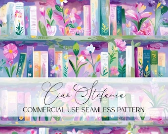 Bookcase Seamless Pattern Green Floral Bookshelf Digital Paper Spring Reading Cottage Core Books Book Patterns