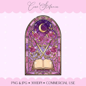 Puede incluir: Una ilustración digital de una vidriera con dos espadas cruzadas, un libro abierto y rosas rosas en flor sobre un cielo nocturno púrpura con una luna creciente. El texto Ciao Stefania aparece arriba, y PNG & JPG 300DPI COMMERCIAL USE en la parte inferior.