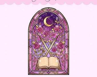 Rosa bokliknande målat glasfönster PNG fantasy bokliknande clipart för klistermärken, bokmärken, skjorta, koppar, nyckelringar, tygväskor, sublimering