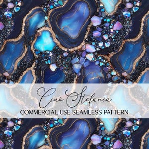 May include: Seamless pattern with a dark blue and black background, featuring abstract shapes in shades of blue, teal, and purple, outlined with gold. The text "Ciao Stefania" and "COMMERCIAL USE SEAMLESS PATTERN" are displayed.