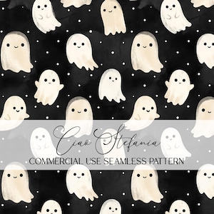 May include: A seamless pattern featuring cartoon ghosts in various poses against a black background with white speckles. The ghosts are off-white with smiling faces. The text "Ciao Stefania" and "COMMERCIAL USE SEAMLESS PATTERN" are also present.