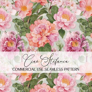 May include: A seamless floral pattern featuring large pink and peach peonies with green leaves on a light green background. The text "Ciao Stefania" and "COMMERCIAL USE SEAMLESS PATTERN" are displayed.