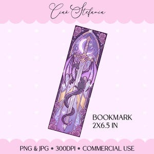 May include: A rectangular bookmark measuring 2x6.5 inches featuring a purple illustration of a dragon coiled around a sword. The design includes a crescent moon, stained glass window elements, and roses in shades of violet and lavender.